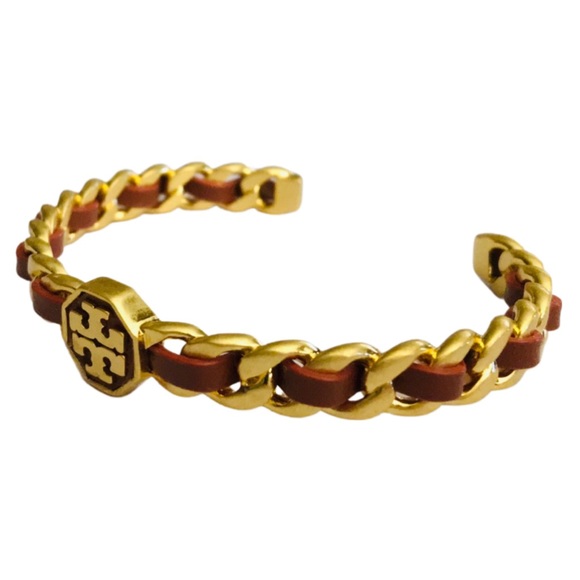 TORY BURCH • Rust Brown Woven Leather Marion Chain Cuff Bracelet - Picture 2 of 6